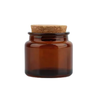 FRASCO DE VIDRIO AMBAR CON TAPA CORCHO (80ML) Dia 6.2cm x Alt 6.0cm